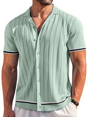Men's Light Green Short Sleeve Knit Casual Button Down Vintage Striped Top Shirt